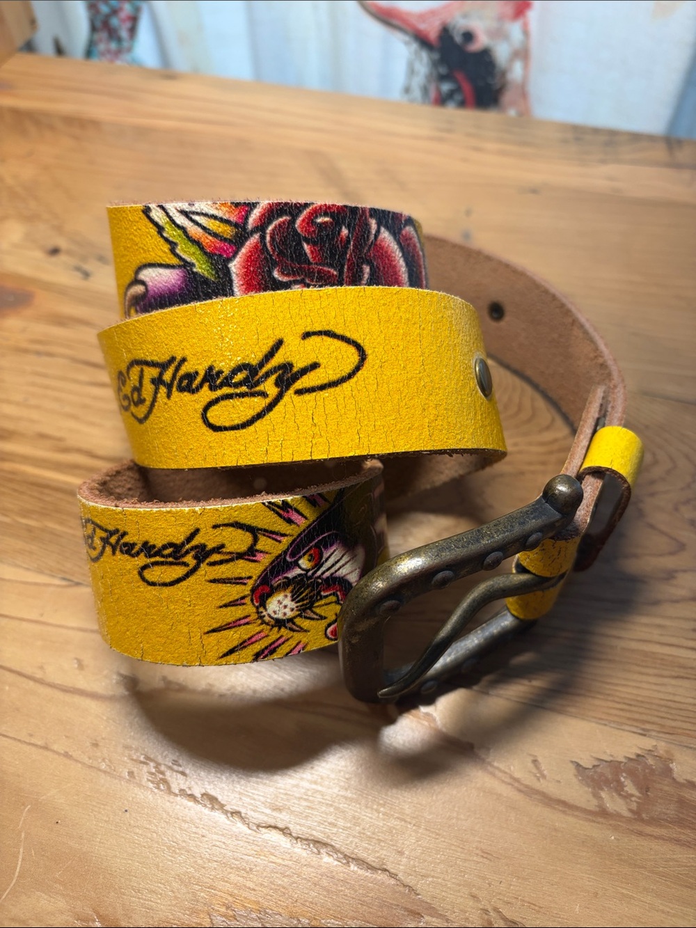 Vintage Ed Hardy Yellow Leather Tattoo-Print Belt